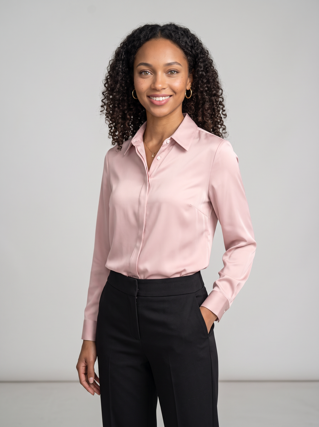 Women's Collared Satin Shirt Blouse in Pink