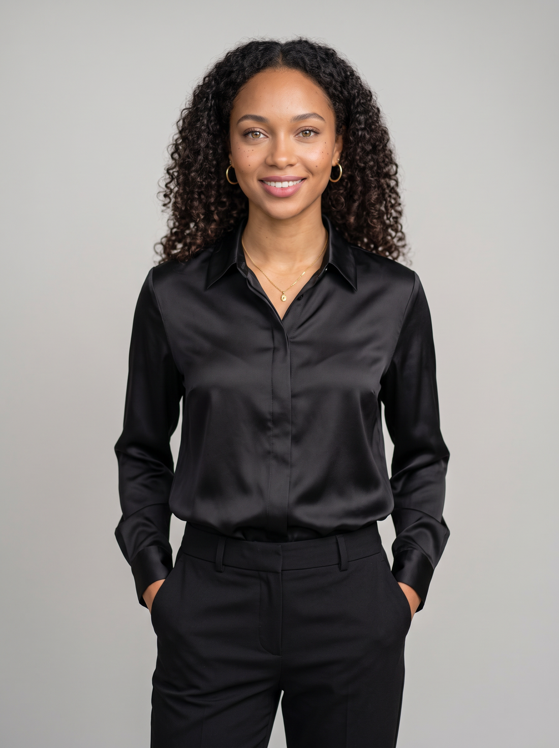 Women's Collared Satin Shirt Blouse in Black – front view