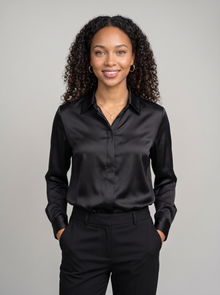 Women's Collared Satin Shirt Blouse in Black – front view
