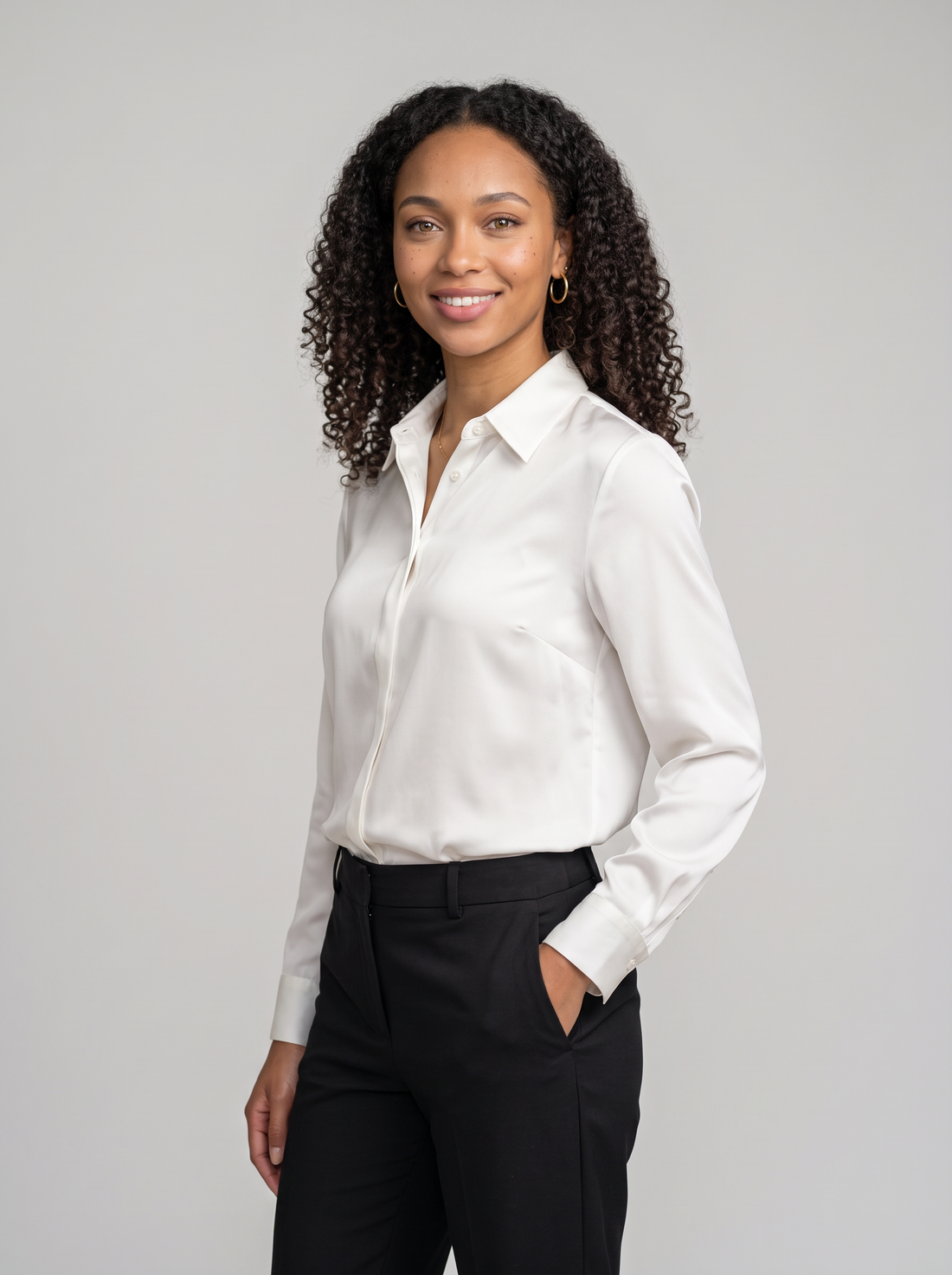 Women's Collared Satin Shirt Blouse in White
