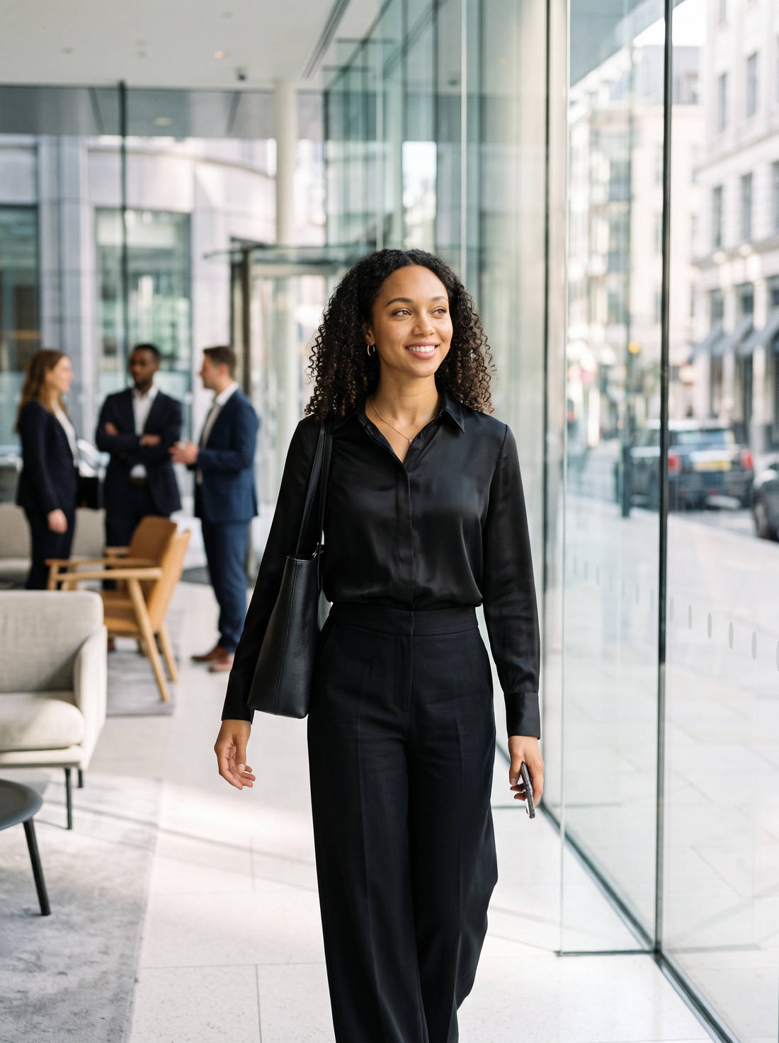 Women's Collared Satin Shirt Blouse in Black – lifestyle shot