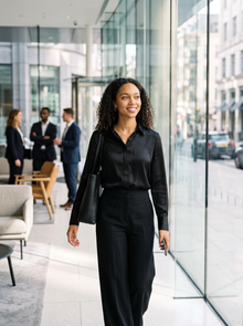 Women's Collared Satin Shirt Blouse in Black – lifestyle shot
