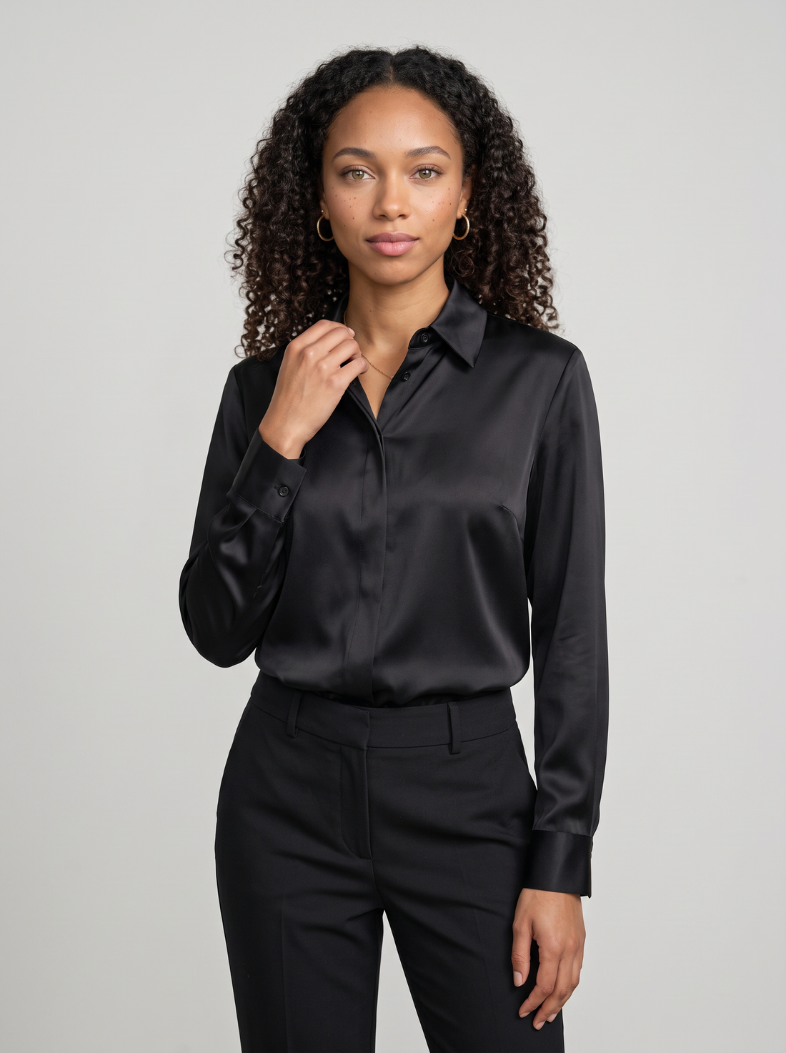 Women's Collared Satin Shirt Blouse in Black – three-quarter view