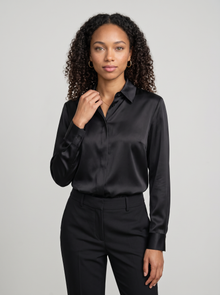 Women's Collared Satin Shirt Blouse in Black – three-quarter view