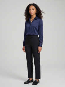 Women's Collared Satin Shirt Blouse in Navy Blue