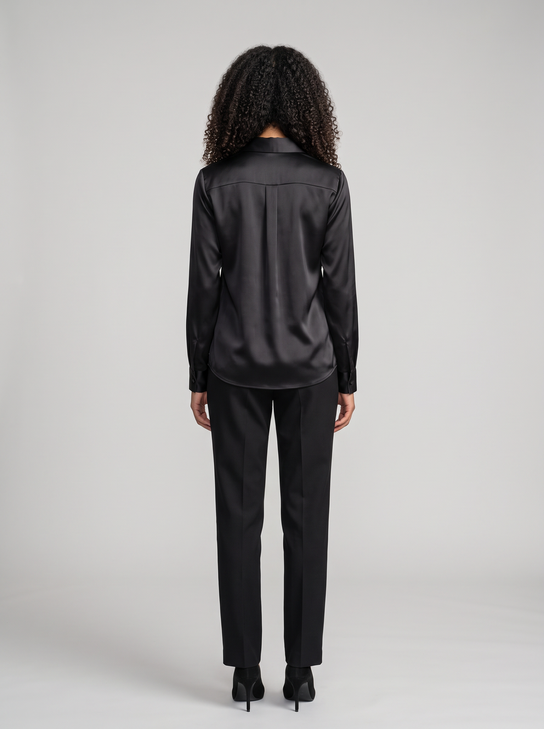 Women's Collared Satin Shirt Blouse in Black – three-quarter view