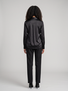Women's Collared Satin Shirt Blouse in Black – back view