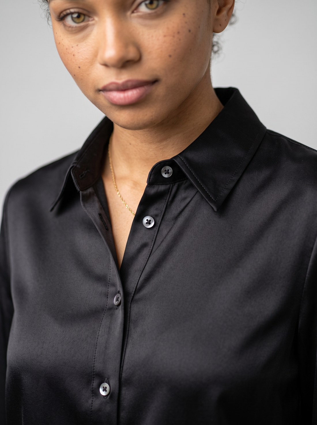 Women's Collared Satin Shirt Blouse in Black – detail view