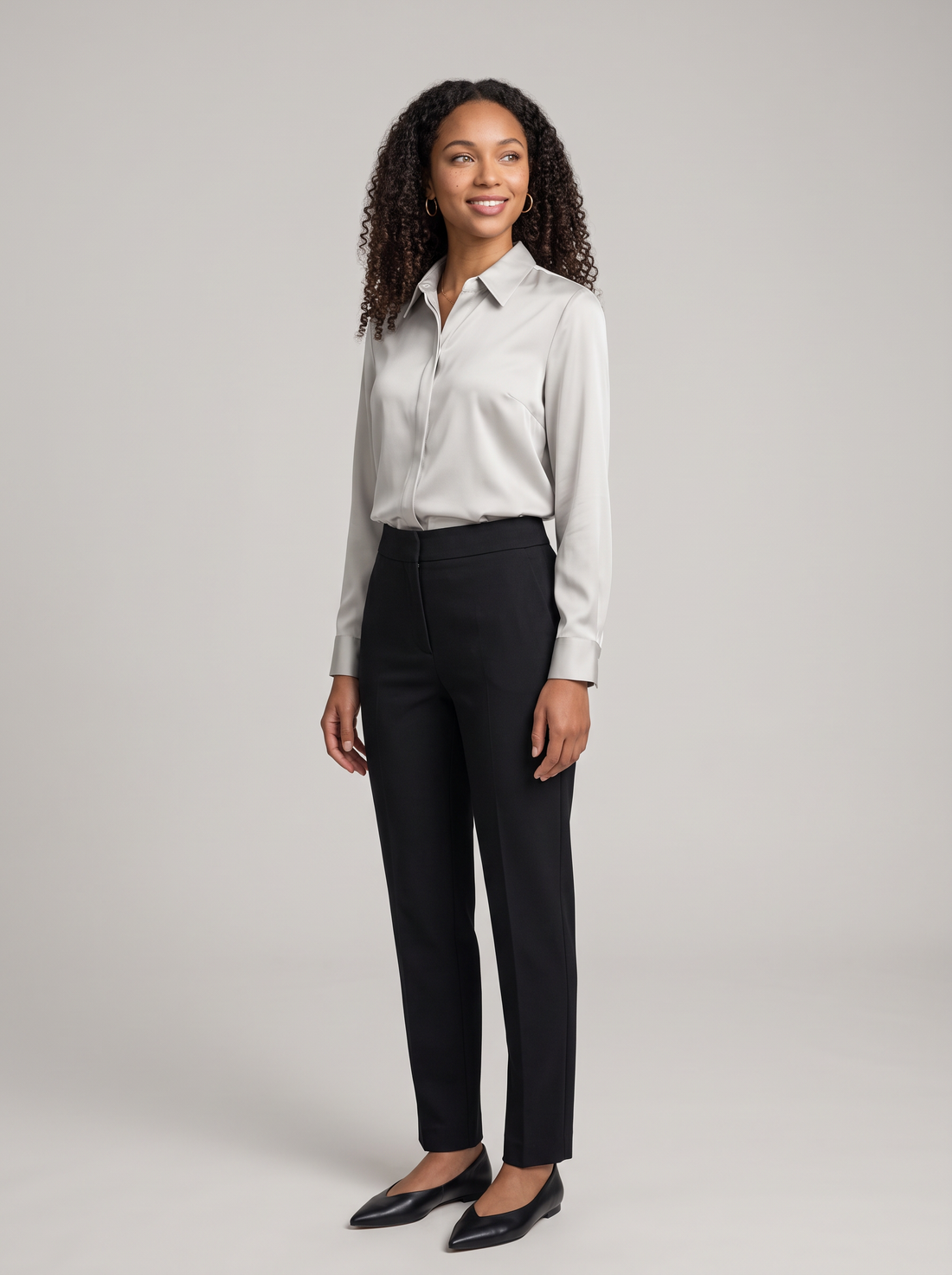 Women's Collared Satin Shirt Blouse in Light Grey