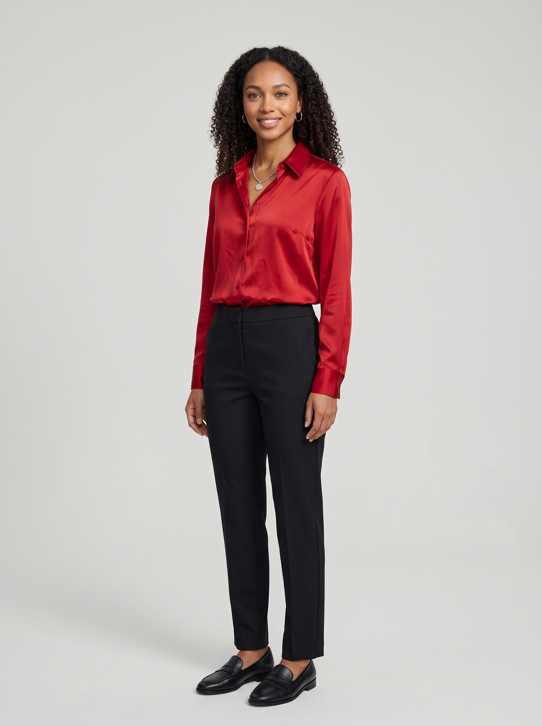 Women's Collared Satin Shirt Blouse in Red