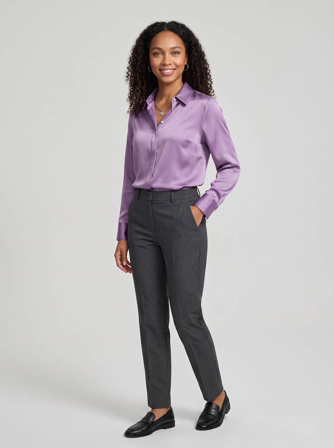 Women's Collared Satin Shirt Blouse in Lilac