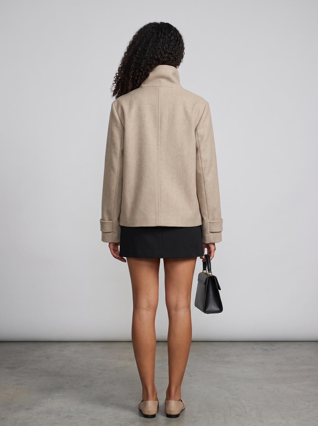 Women's Funnel Collar Wool Blend Coat in Beige – back view