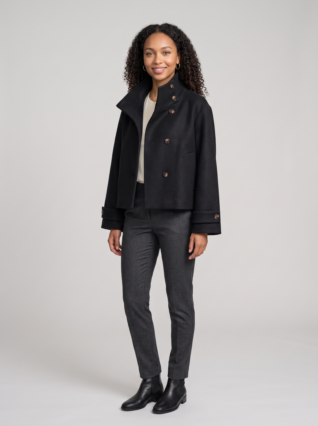 Women's Funnel Collar Wool Blend Coat in Black