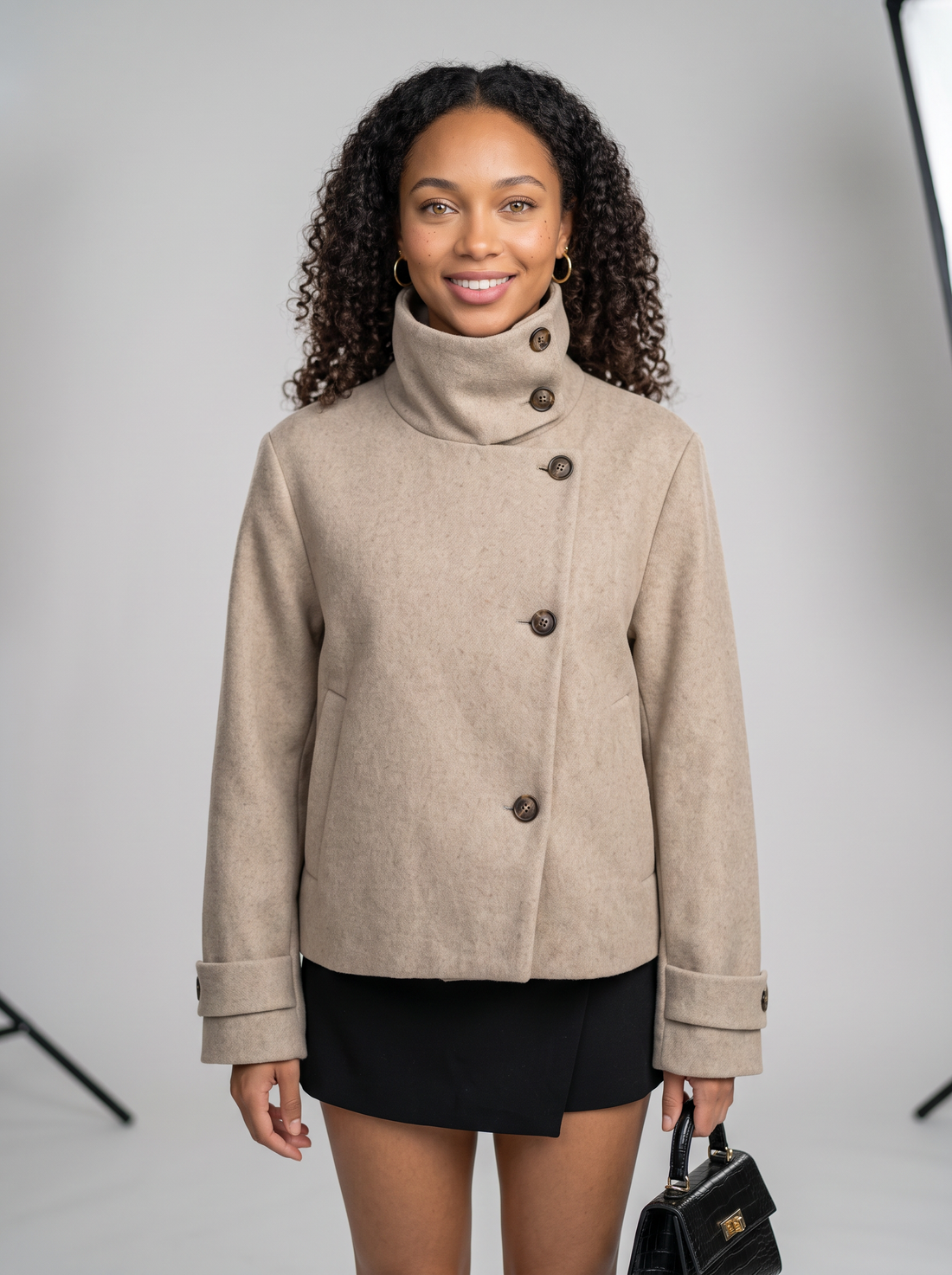 Women's Funnel Collar Wool Blend Coat in Beige – front view