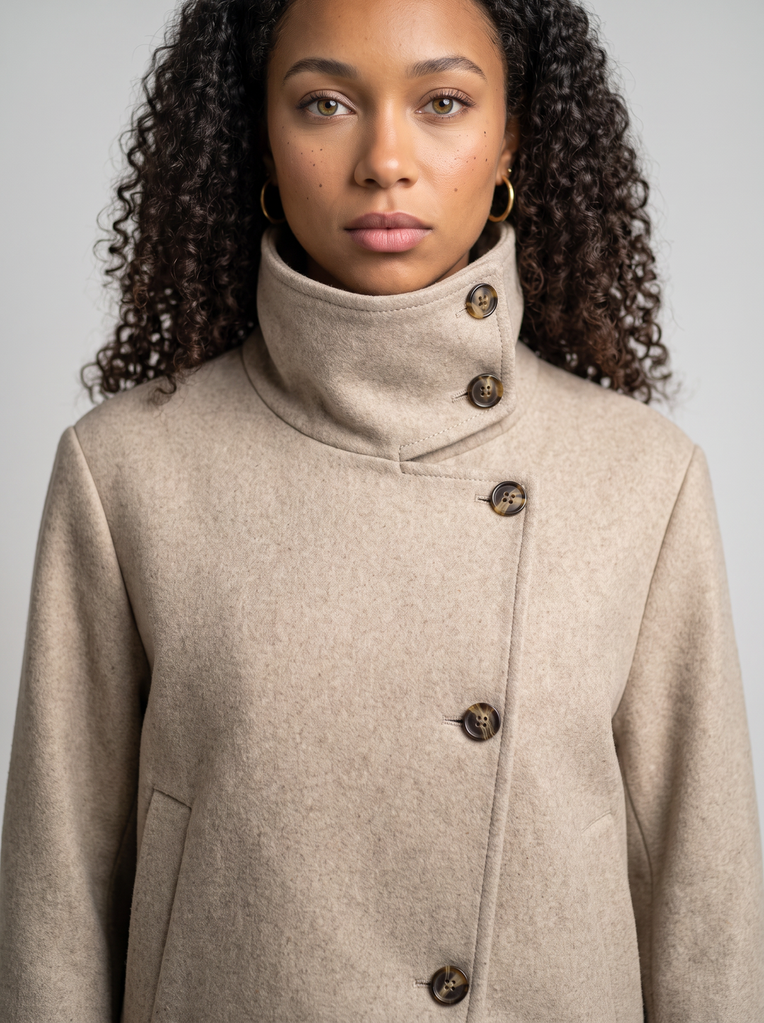 Women's Funnel Collar Wool Blend Coat in Beige – three-quarter view