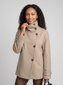 Women's Funnel Collar Wool Blend Coat in Beige – three-quarter view
