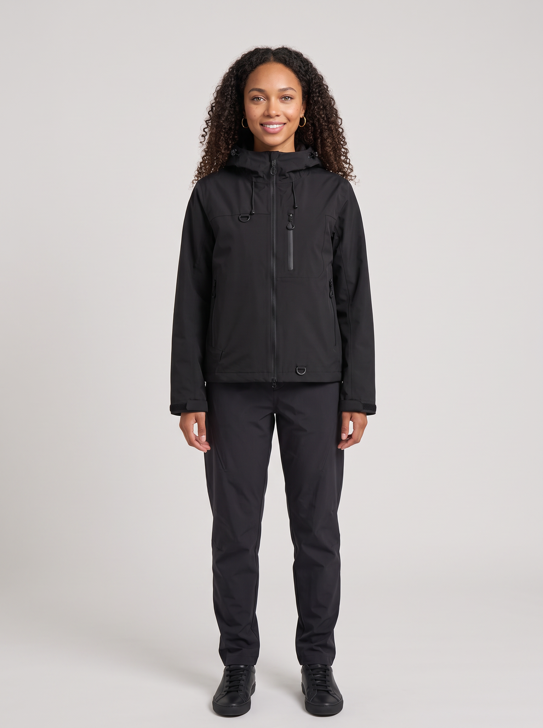 Women's Short Hooded Waterproof Raincoat in Black – front view