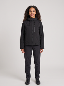 Women's Short Hooded Waterproof Raincoat in Black – front view