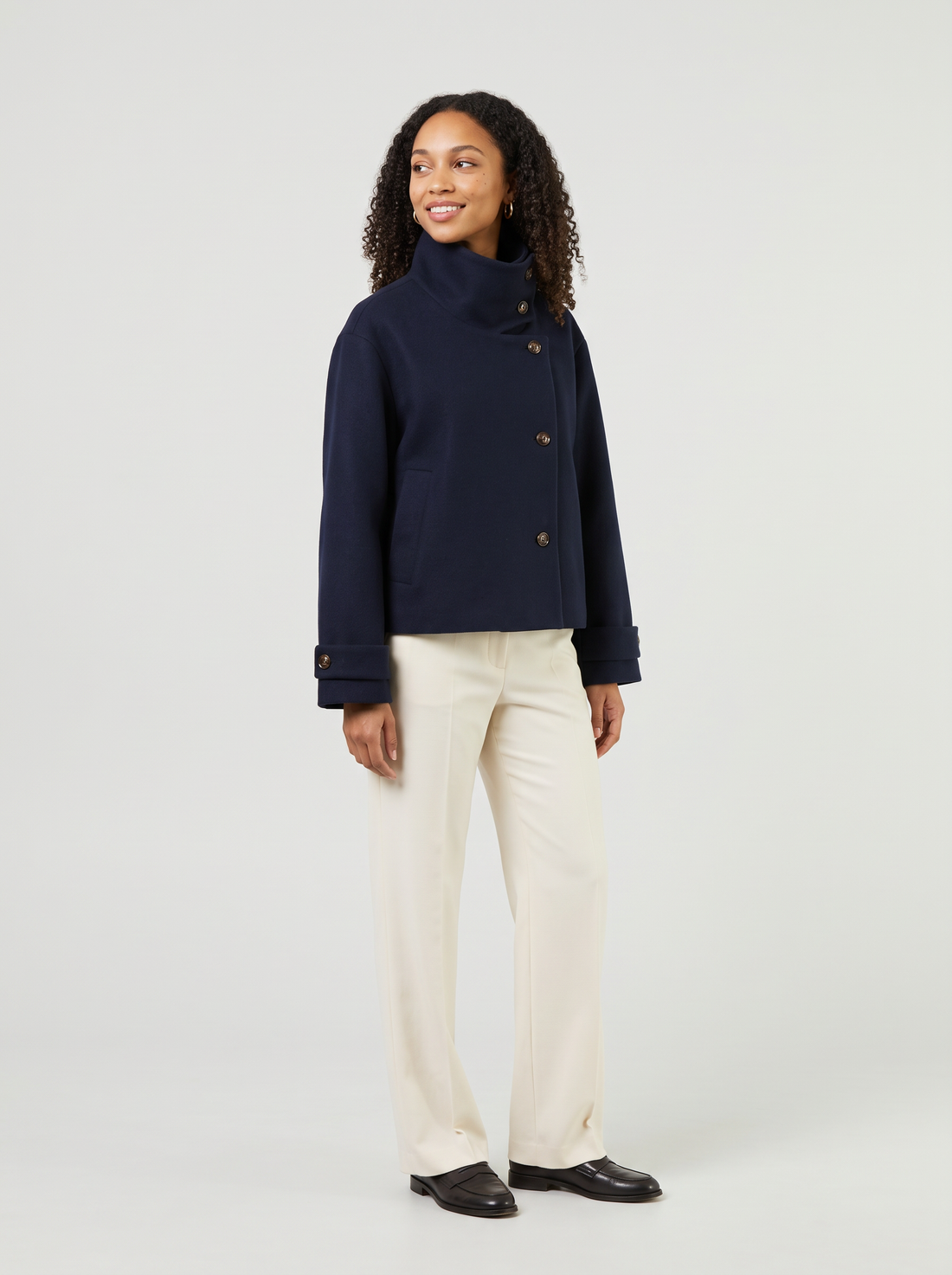 Women's Funnel Collar Wool Blend Coat in Dark Blue