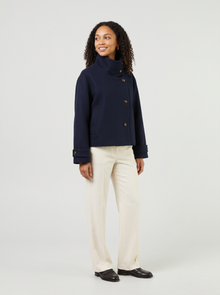 Women's Funnel Collar Wool Blend Coat in Dark Blue