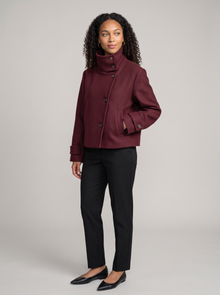 Women's Funnel Collar Wool Blend Coat in Burgundy