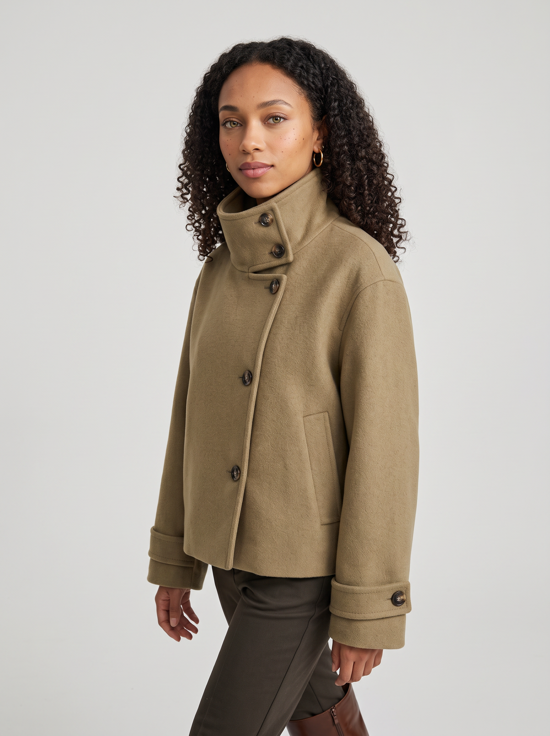Women's Funnel Collar Wool Blend Coat in Khaki