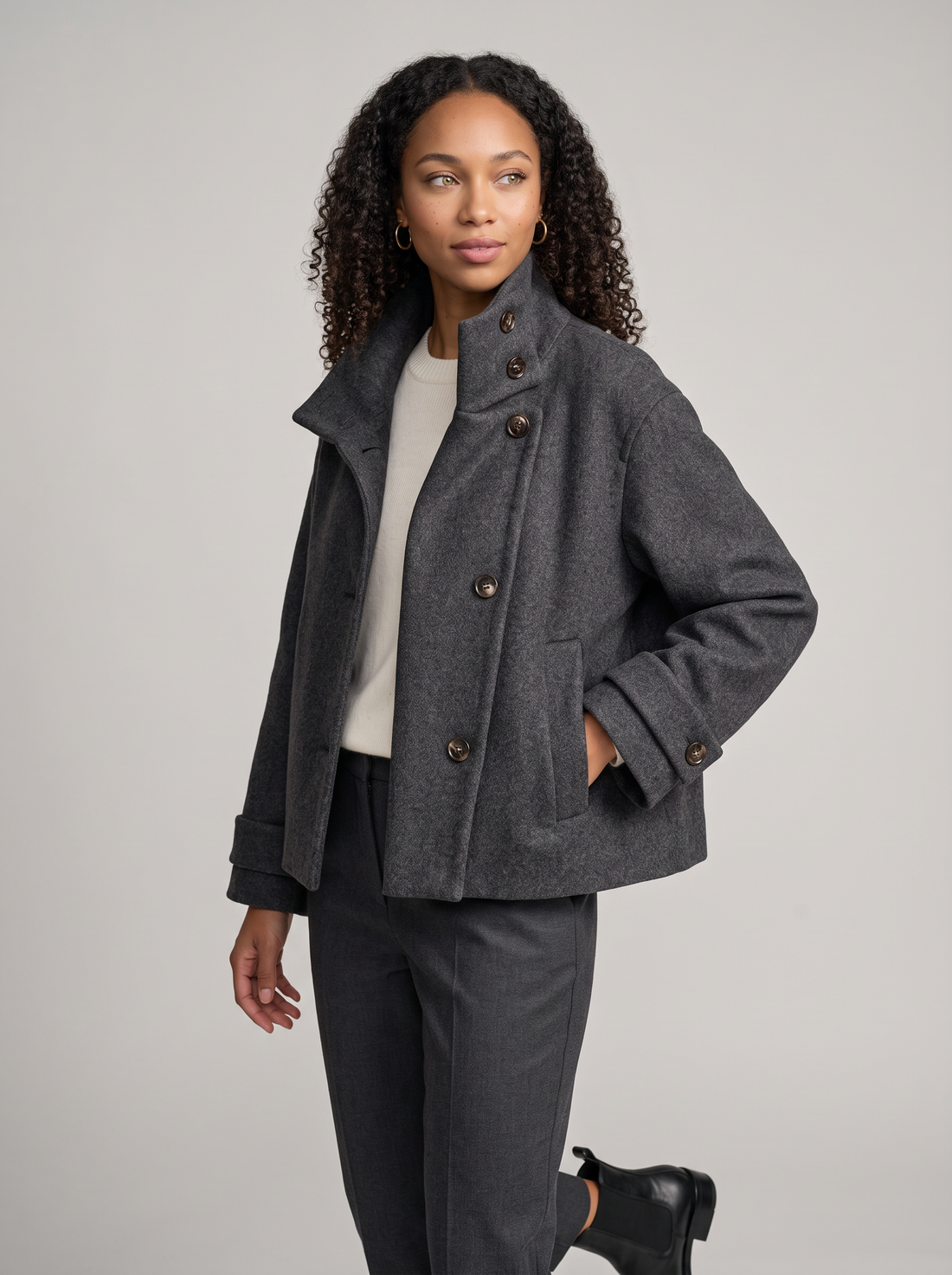 Women's Funnel Collar Wool Blend Coat in Grey Black