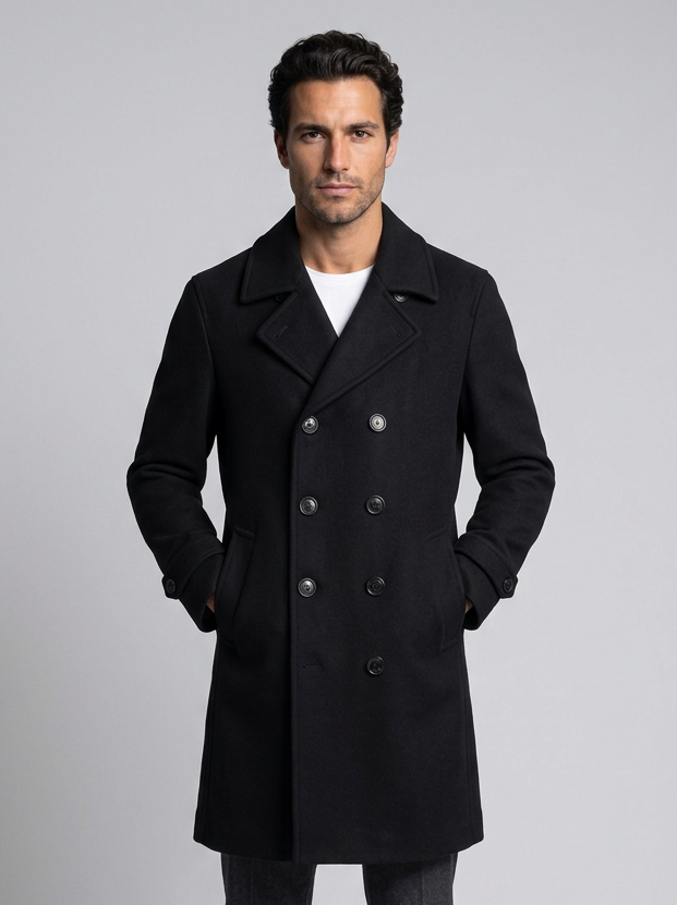 Men's Double Breasted Long Overcoat in Black – front view