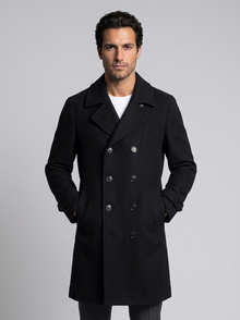 Men's Double Breasted Long Overcoat in Black – front view