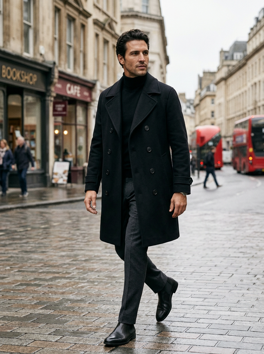 Men's Double Breasted Long Overcoat in Black – lifestyle shot