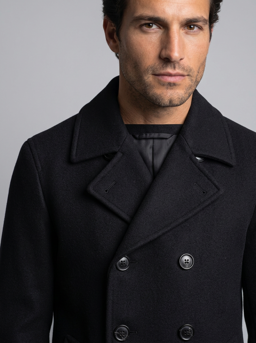 Men's Double Breasted Long Overcoat in Black – front view