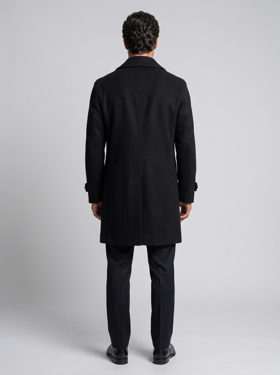 Men's Double Breasted Long Overcoat in Black – back view