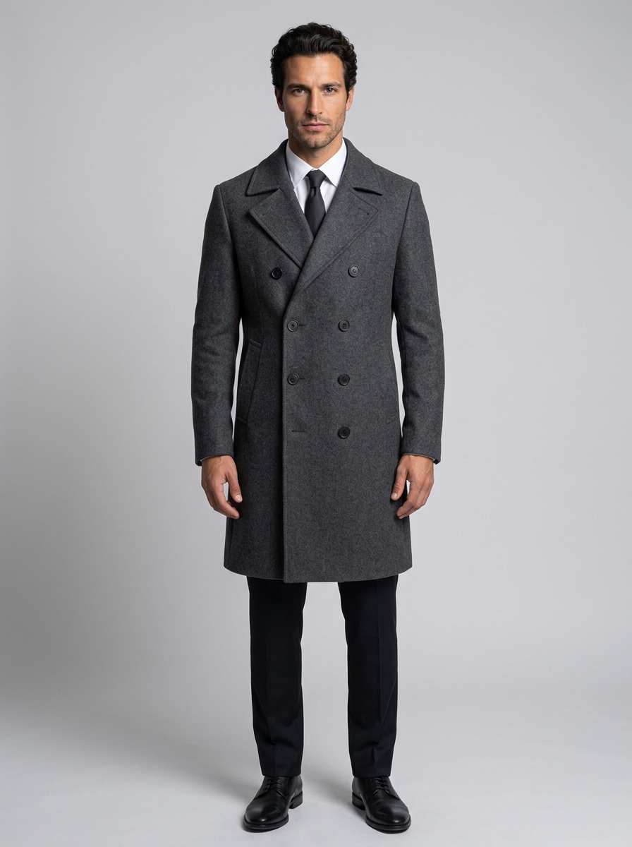 Men's Double Breasted Long Overcoat in Dark Grey – front view
