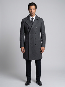 Men's Double Breasted Long Overcoat in Dark Grey – front view