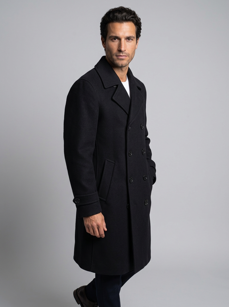 Men's Double Breasted Long Overcoat in Black – three-quarter view