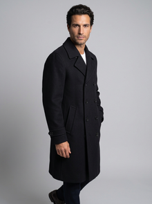 Men's Double Breasted Long Overcoat in Black – three-quarter view