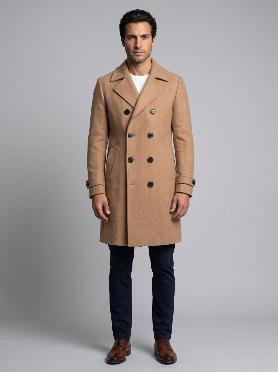 Men's Double Breasted Long Overcoat in Khaki – front view