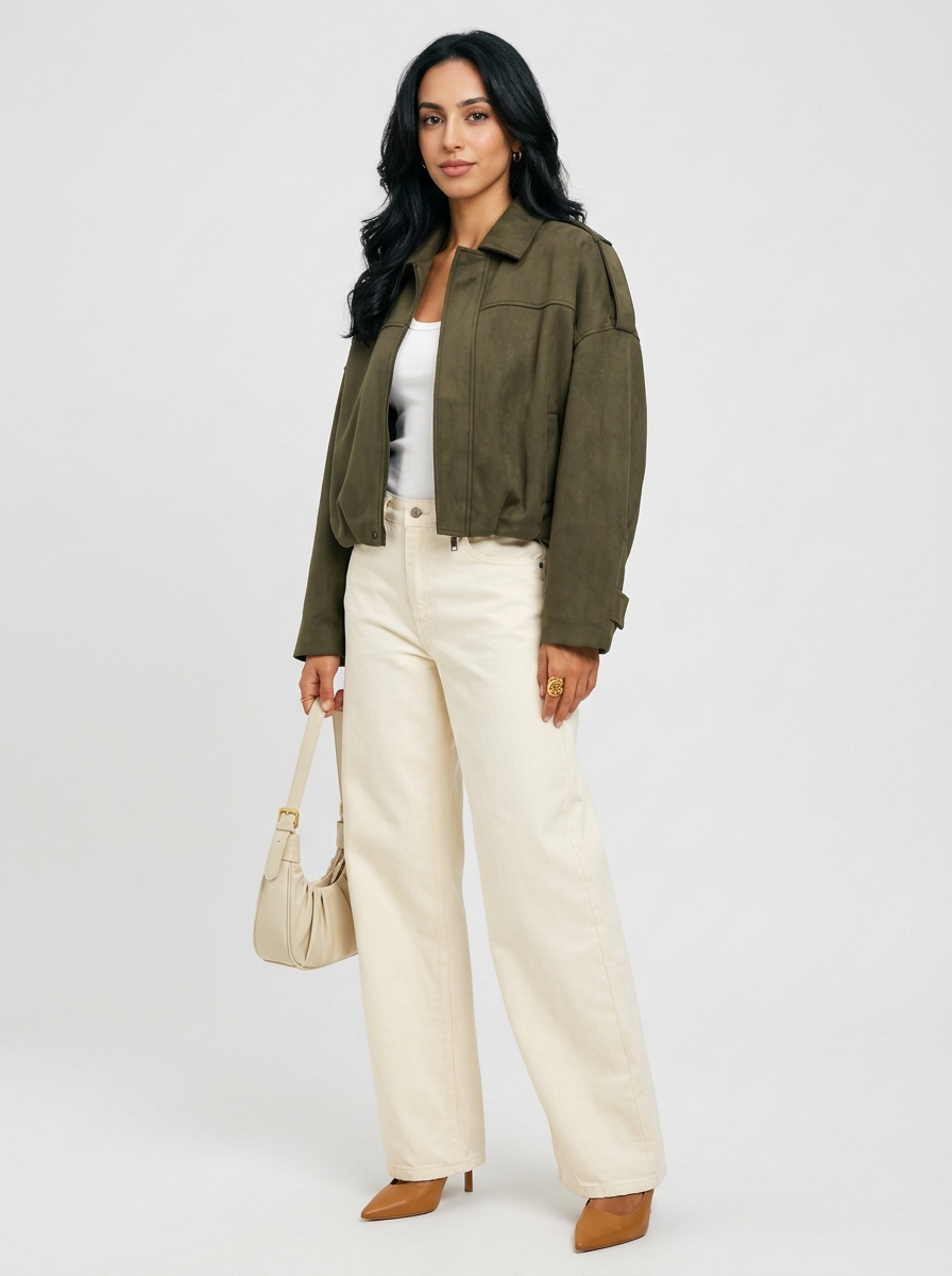 Women's Oversized Faux Suede Jacket in Green – front view