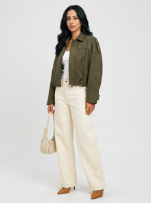 Women's Oversized Faux Suede Jacket in Green – three-quarter view