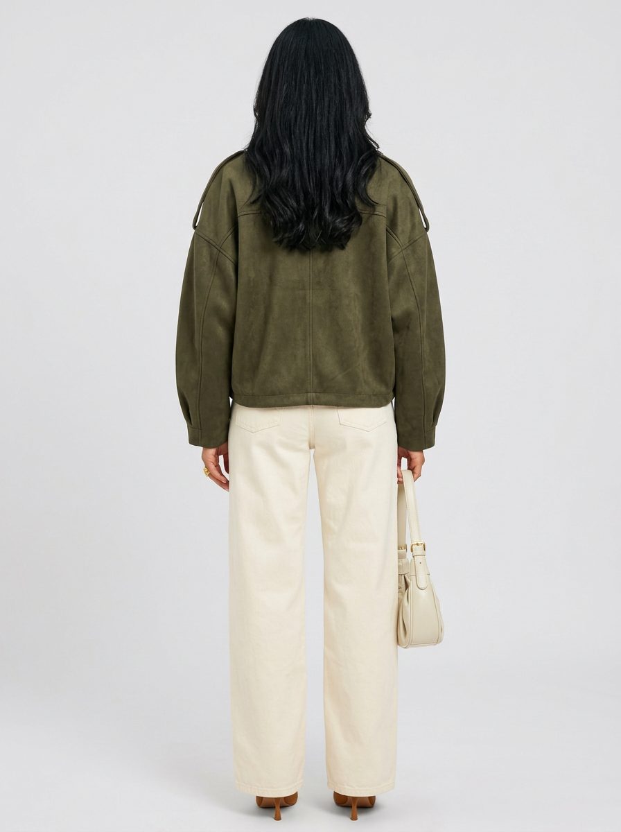 Women's Oversized Faux Suede Jacket in Green – back view