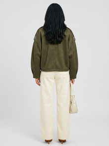 Women's Oversized Faux Suede Jacket in Green – back view