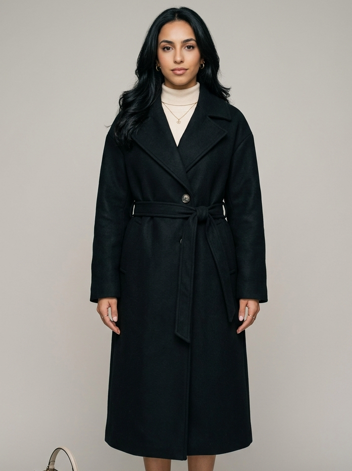 Women's Long Belted Wool Coat in Black – front view