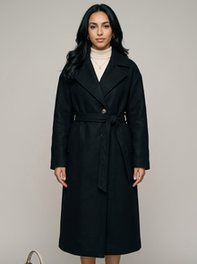 Women's Long Belted Wool Coat in Black – front view