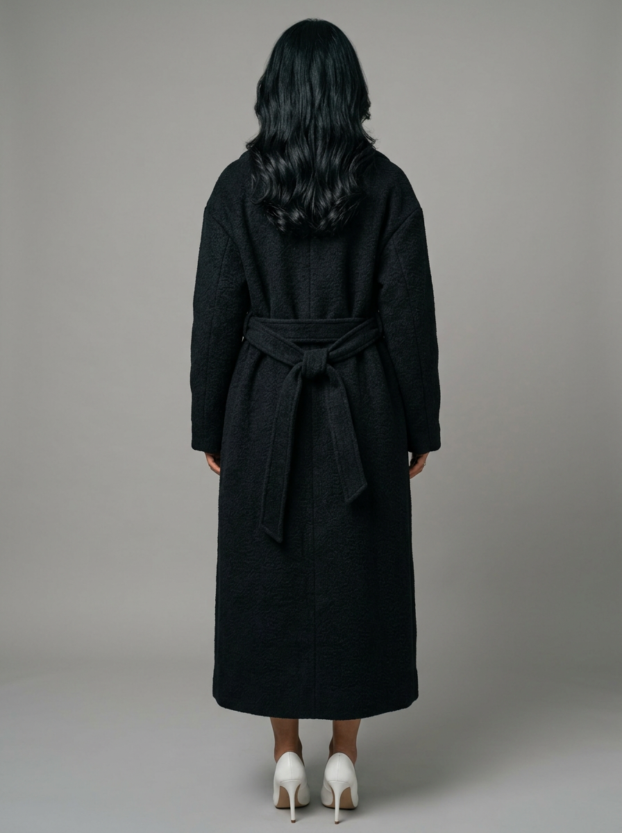 Women's Long Belted Wool Coat in Black – back view