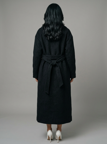 Women's Long Belted Wool Coat in Black – back view
