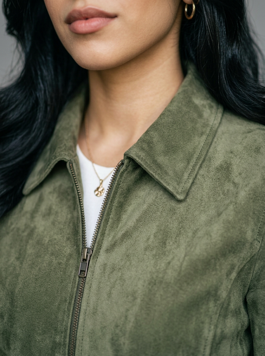 Women's Oversized Faux Suede Jacket in Green – detail view