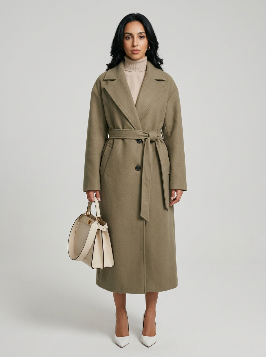 Women's Long Belted Wool Coat in Khaki – front view
