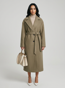 Women's Long Belted Wool Coat in Khaki – front view
