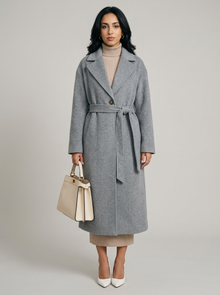 Women's Long Belted Wool Coat in Grey – front view
