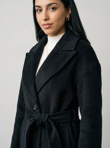 Women's Long Belted Wool Coat in Black – detail view